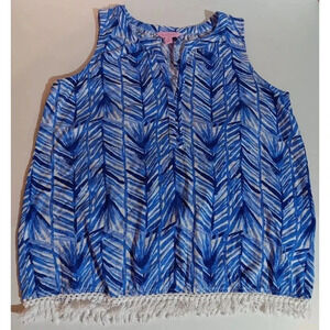 Lilly Pulitzer Tank Top Blouse Blue and White Fringe Women’s Size Small. Cute!